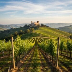 Late-afternoon view of Barolo country, Piedmont, Italy