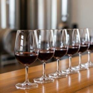 Piedmont red wines on a wooden bar top