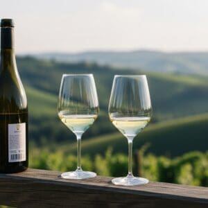 Two glasses of Arneis on a wooden railing overlooking rolling hills in soft midday light, bottle labels not visible.