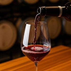 Clear crystal wine glass on a warm wooden tasting table