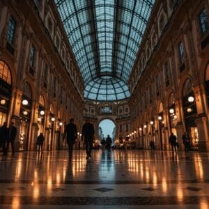 Evening interior of Galleria Vittorio Emanuele II with glass dome, warm shop lights, polished floor reflections, and a few stylish pedestrians.