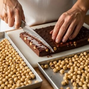 Close-up of a chocolatier cutting glossy gianduja chocolate with hazelnuts beside trays of toasted Tonda Gentile hazelnuts in natural light.