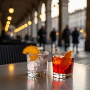 Two classic Italian aperitivo drinks on a café table in Turin