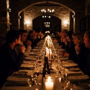 Candlelit long table at a winery with elegant place settings and wine glasses catching warm highlights as guests converse mid-dinner.