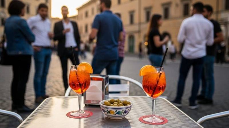 Two Aperol Spritz cocktails and olives on a table during aperitivo hour in an Italian piazza.