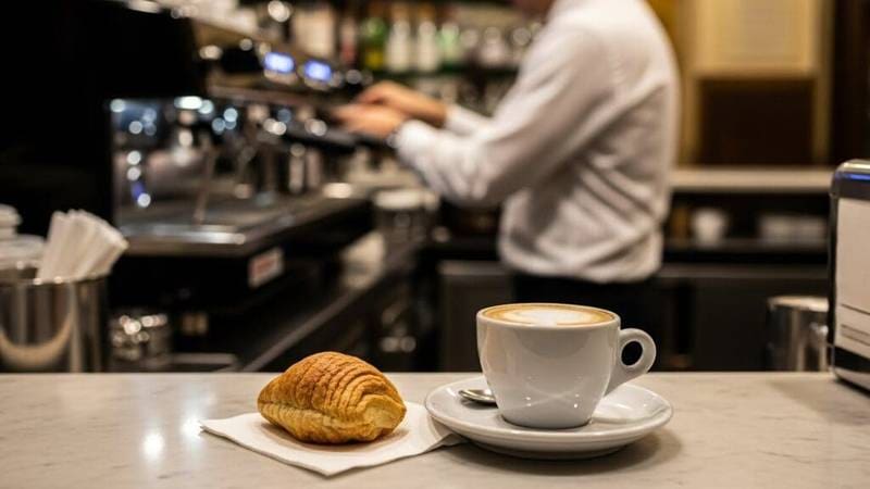 A classic Italian breakfast of cappuccino and cornetto served at a marble bar counter.