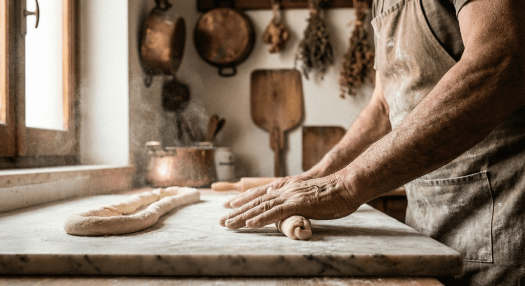 Artisan baker hand-rolling traditional taralli dough in small Puglian bakery