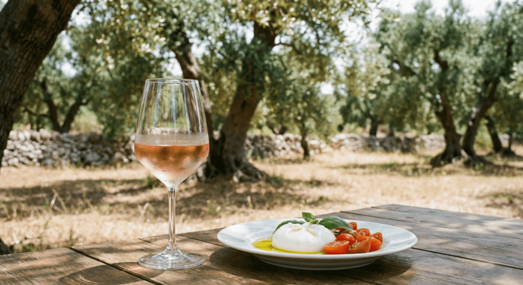 A glass of chilled Puglian Rosato wine paired with fresh burrata cheese on a table in a sunny olive grove.