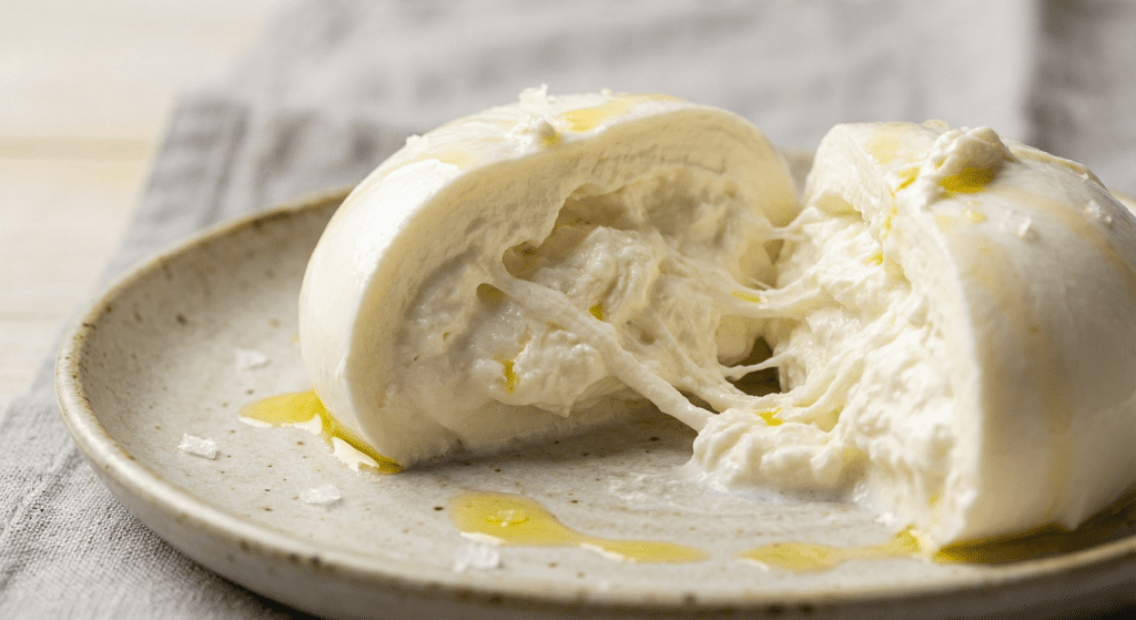 Close-up detail of a cut burrata showing the contrast between the solid mozzarella shell and the creamy stracciatella interior.