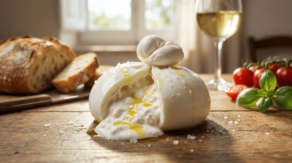 Fresh Burrata cheese cut open on a rustic wooden table in Puglia, with creamy stracciatella spilling out, drizzled with olive oil and served with bread and white wine.