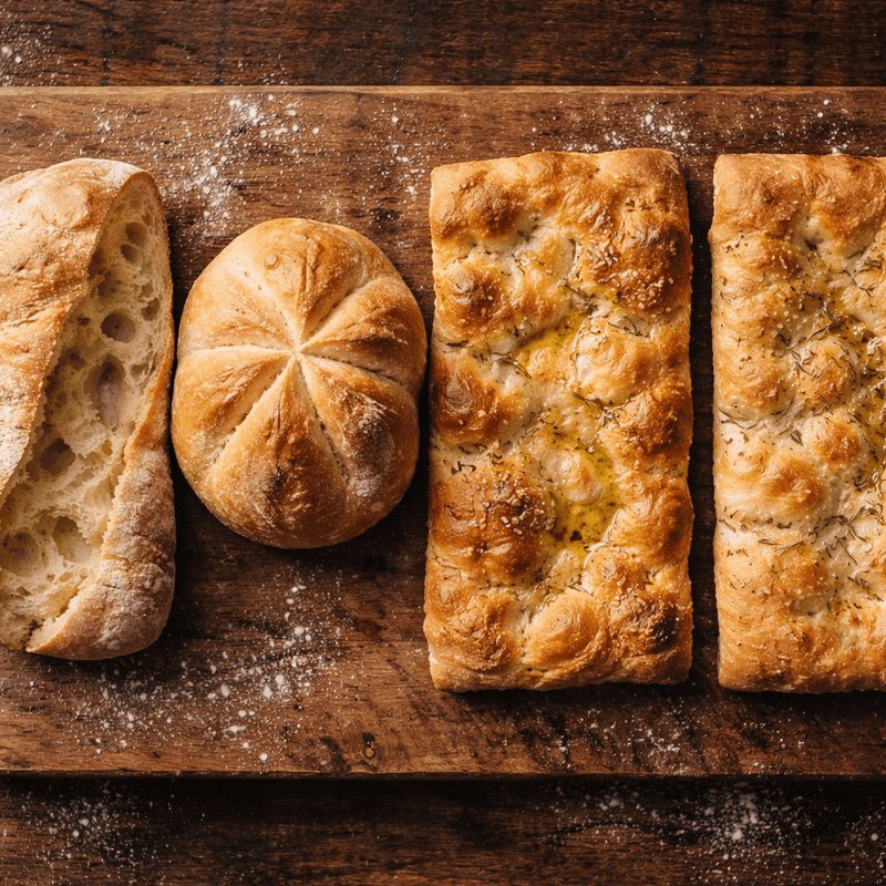 Comparison of authentic Italian bread types for panini including ciabatta, rosetta, schiacciata, and focaccia showing texture and crust details