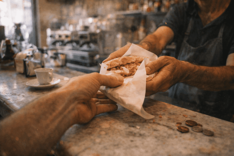 Italian barista handing fresh panino to customer at traditional coffee bar counter showing authentic ordering experience