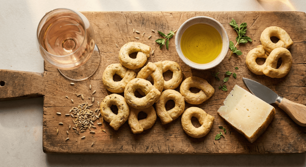 Traditional taralli crackers with Puglian rosato wine and olive oil on rustic aperitivo board