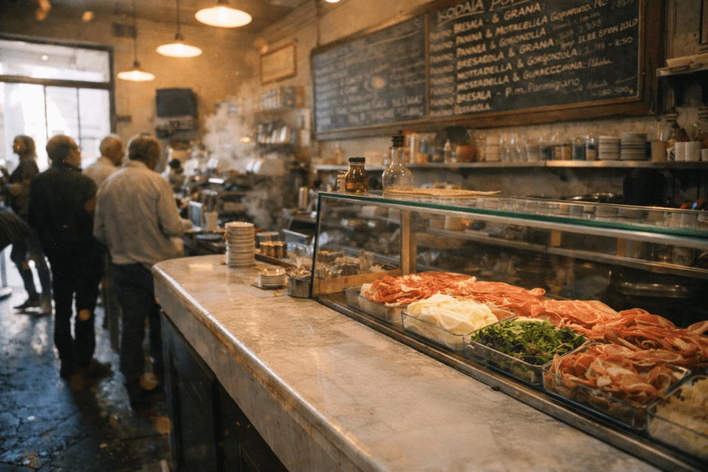 Traditional Milan paninoteca counter with chalkboard menu and fresh panini ingredients, showing authentic Italian sandwich shop culture