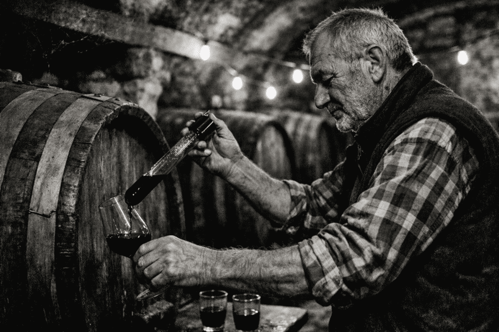 Do Italian wineries have tasting rooms — a winemaker pouring wine directly from barrel in a private cellar in Italy