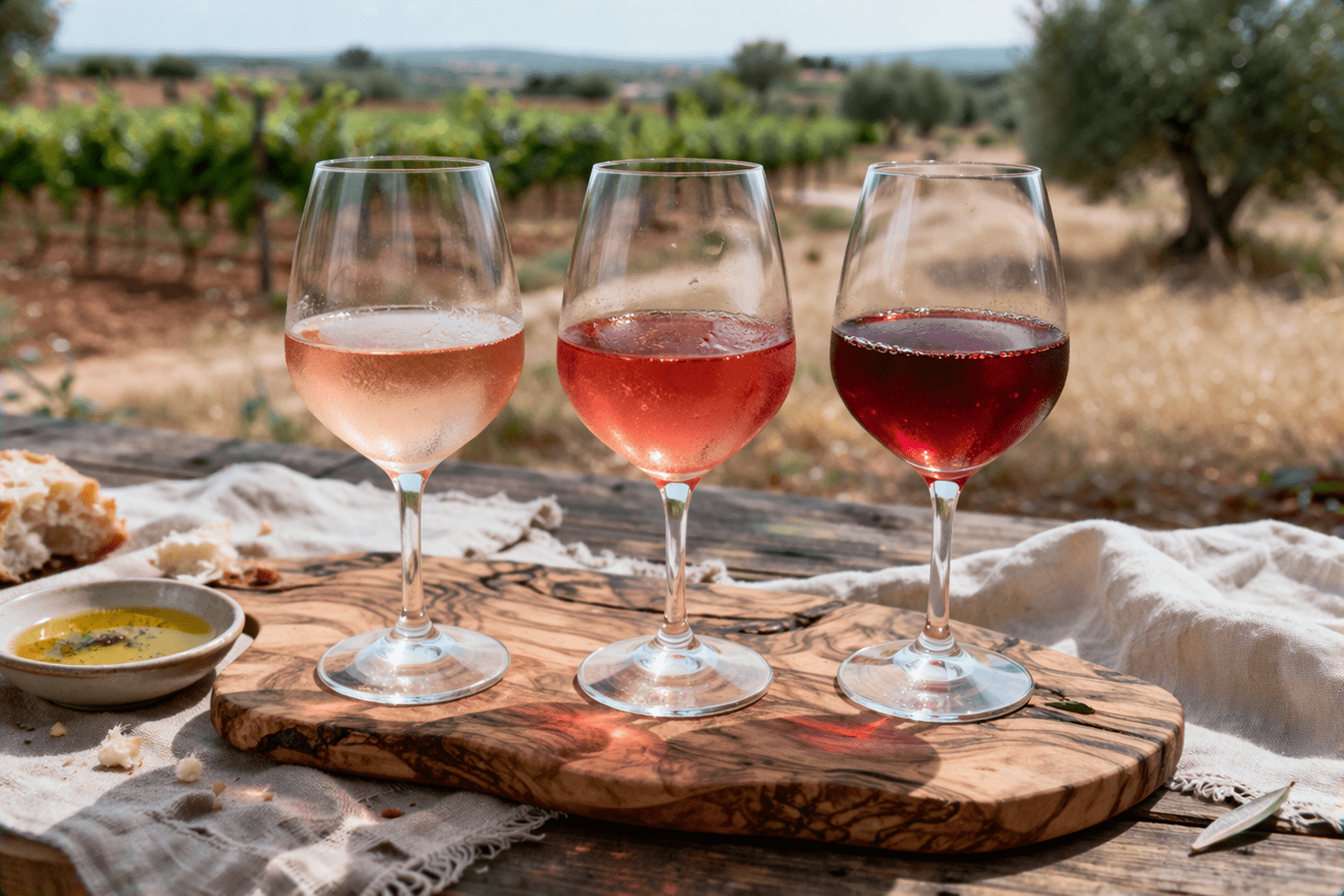 Three styles of Puglia rosato wine, pale Bombino Nero, medium Negroamaro, and deep pink Primitivo rosato — tasting flight in southern Italy