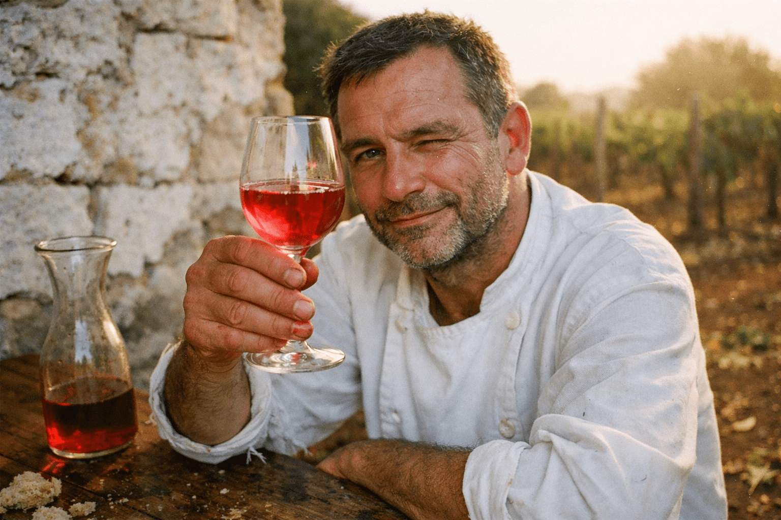 Chef tasting a glass of deep pink Primitivo rosato at a family winery in Puglia, southern Italy, with vineyard rows in the background