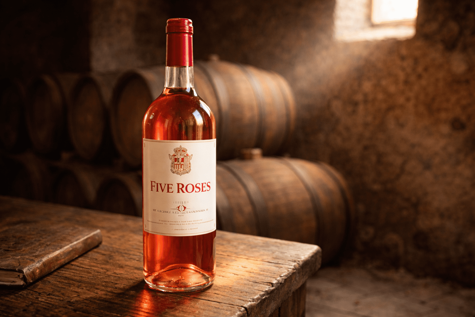 Leone de Castris Five Roses rosato bottle in a historic Salice Salentino wine cellar. Italy’s first commercially exported rosé wine from Puglia
