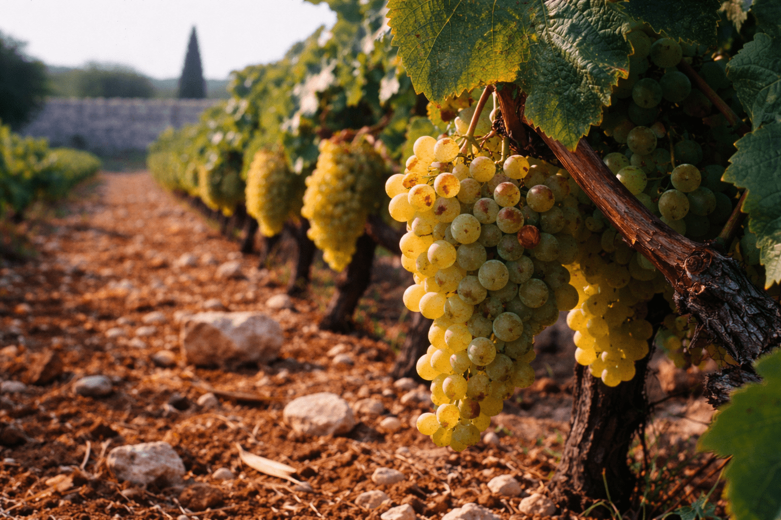 Bombino Bianco grapes ripening on low trellised vines in a coastal Puglia vineyard.