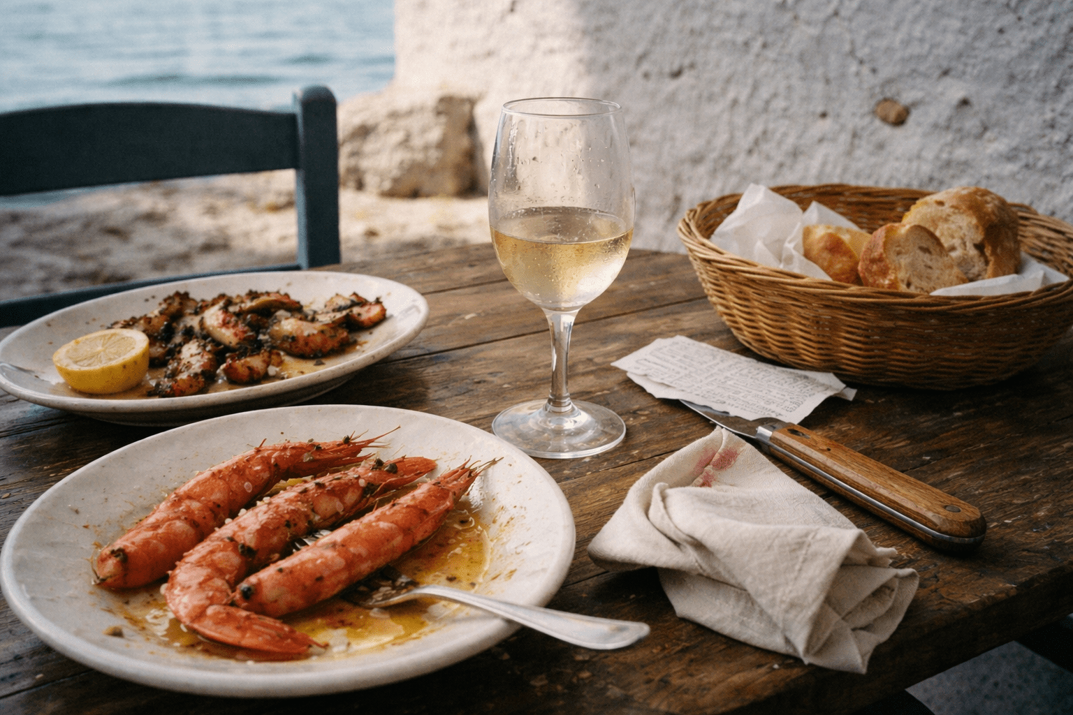 Bombino Bianco poured into a glass next to grilled red prawns and octopus at a Salento seaside table.