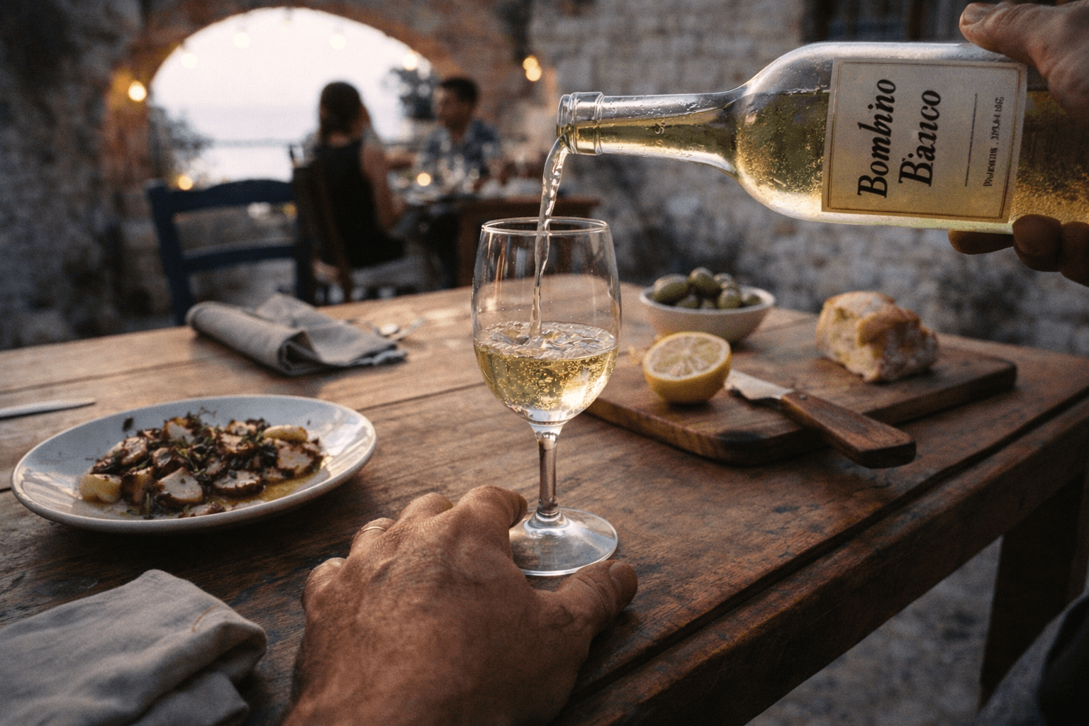 Chef's-eye perspective pouring Bombino Bianco at a private Salento table during a chef-led Apulia wine travel dinner.