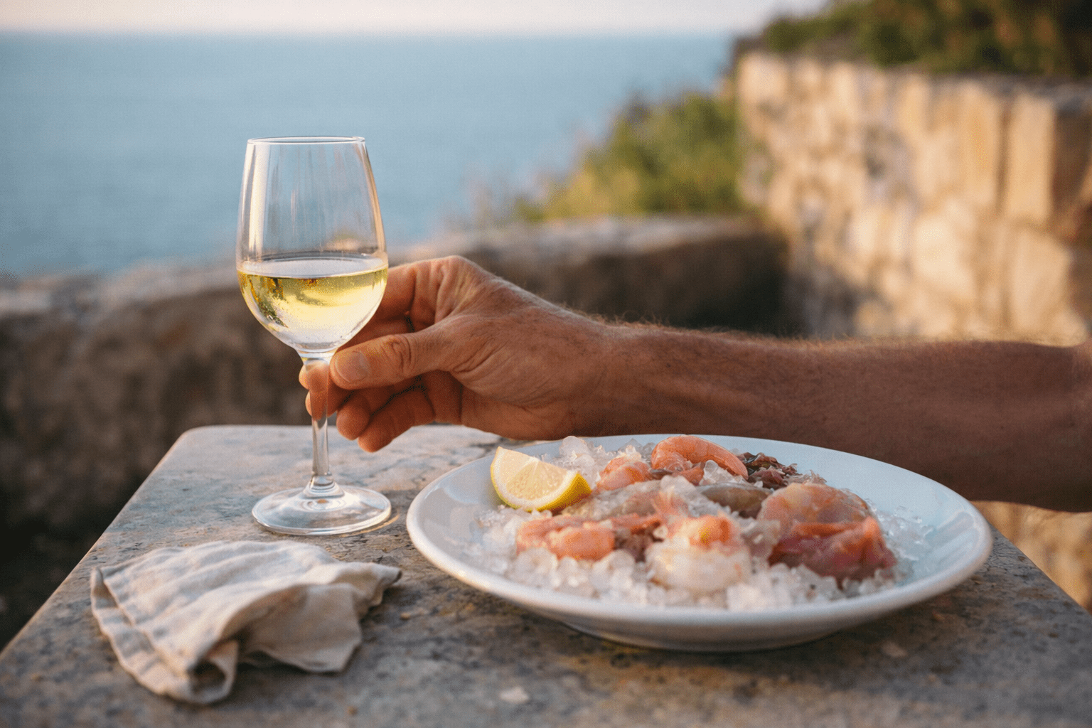 A chef pairing lesser-known Puglia white wine with fresh seafood at an outdoor table during apulia wine tasting in southern Italy