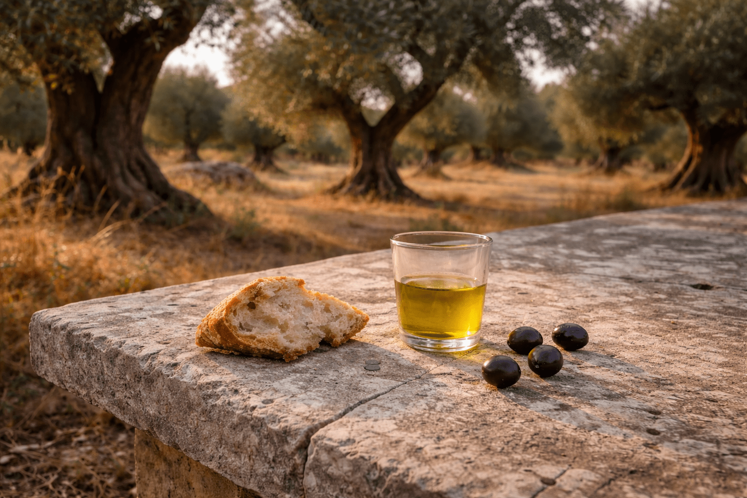 Ancient olive trees in Puglia Italy with fresh Coratina olive oil in a tasting glass