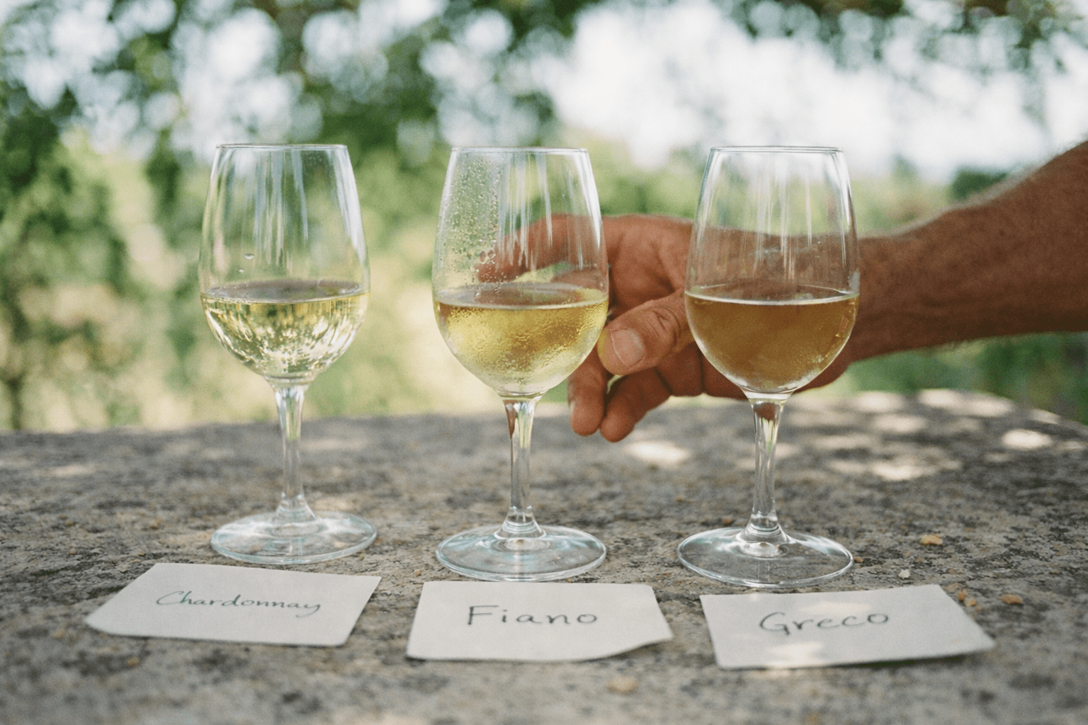 Three glasses of pale Puglia white wine on a stone tasting table at a family winery during apulia wine tasting in southern Italy