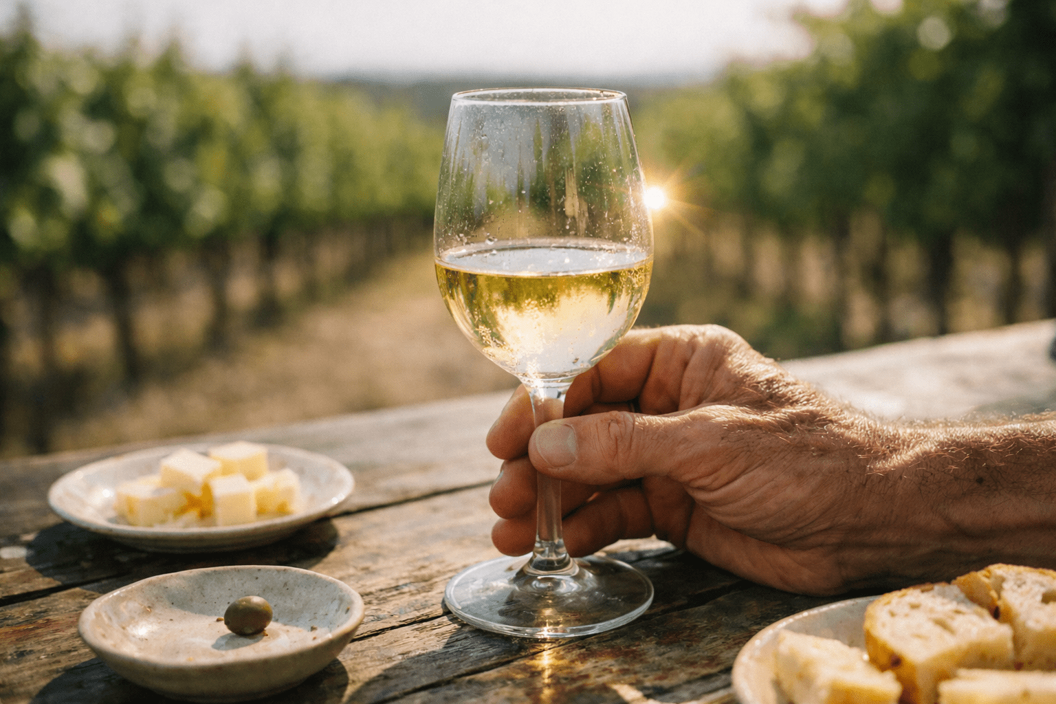 What is Apulia known for in white wine: chef holding a glass of pale Puglia white wine at a family winery with vineyard rows behind