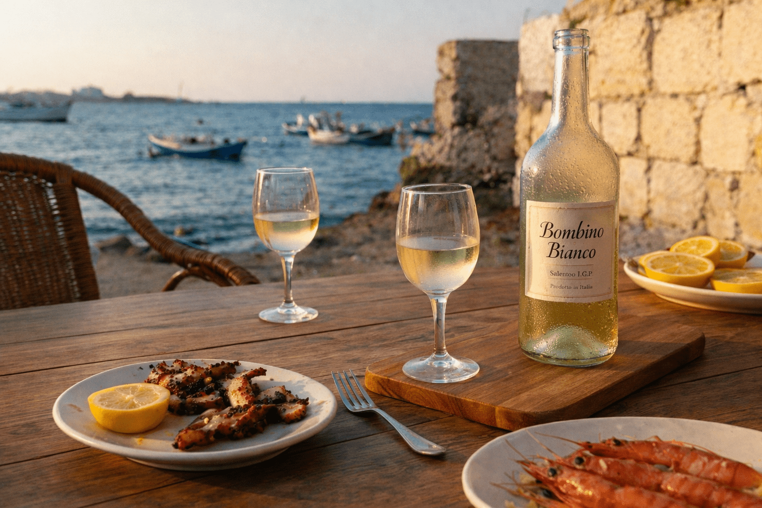 What is Puglia known for: Bombino Bianco poured at a Salento seaside lunch with seafood antipasti at golden hour.