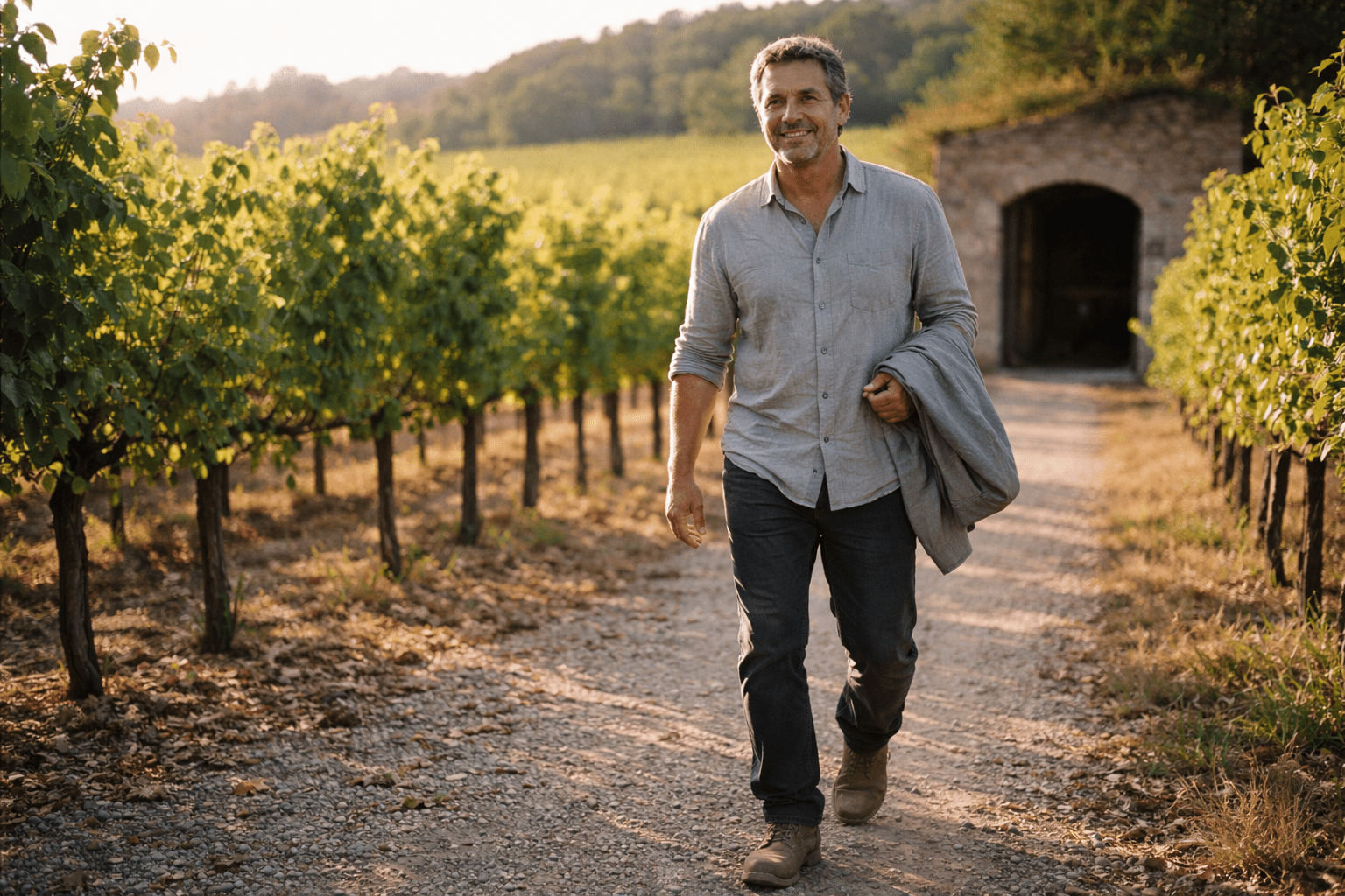 Chef Marcus Guiliano walks through sunlit vineyard rows in comfortable layered clothing during a winery tour, with grapevines and a stone cellar entrance in the background.