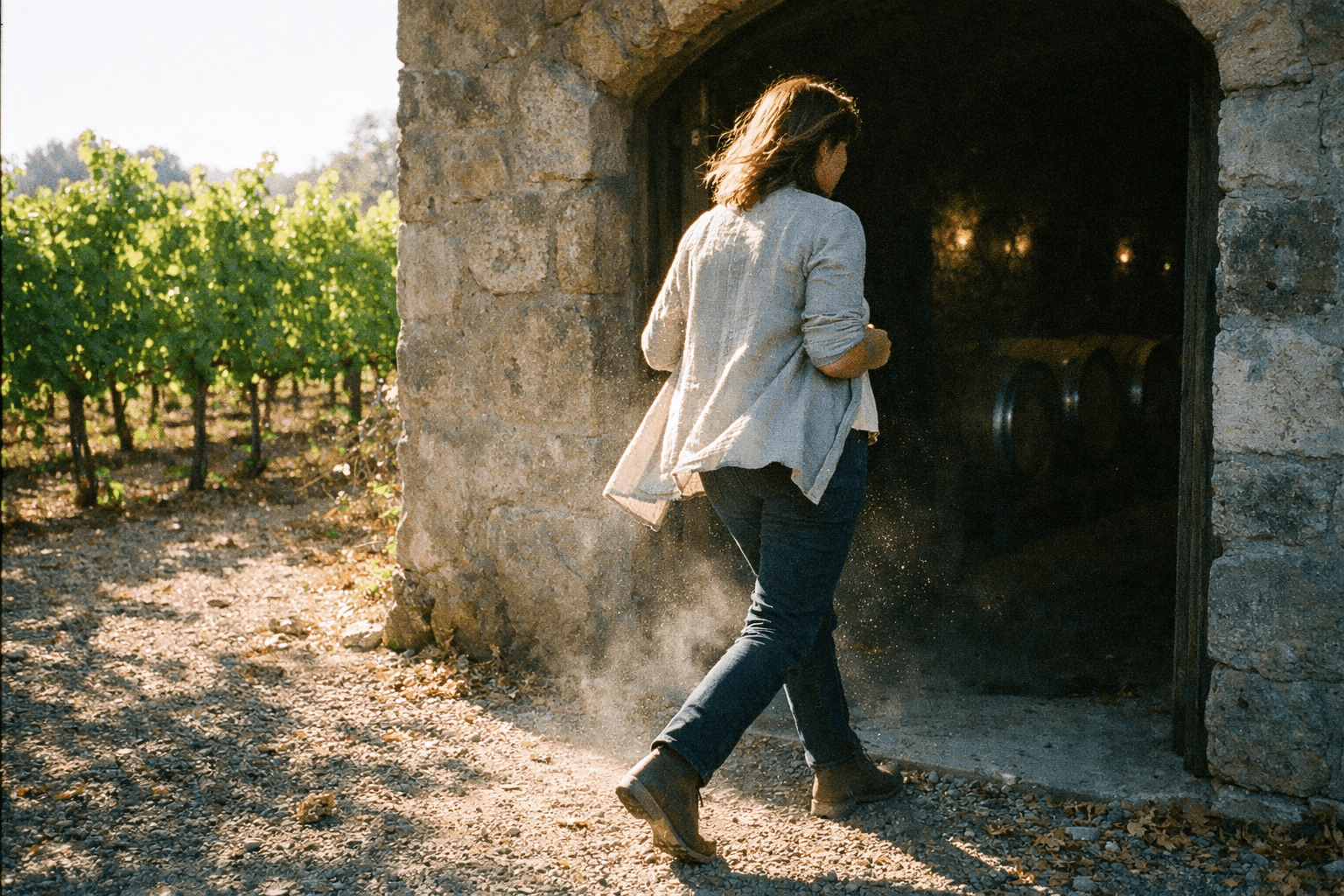 A woman in a light cardigan and closed-toe boots walks from a sunlit vineyard row into a dim stone barrel room, showing the temperature contrast winery visitors face.