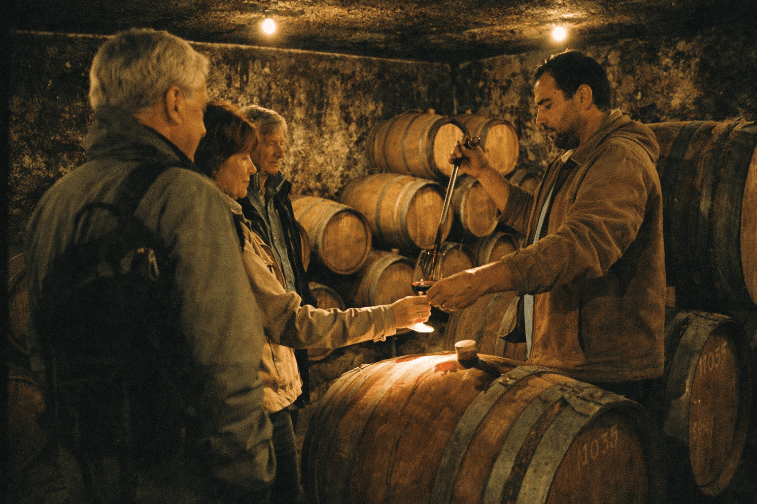 A small group of winery tour guests in practical outfits stands inside a barrel aging cellar as a winemaker pours wine from a barrel, with oak barrels stacked along stone walls.