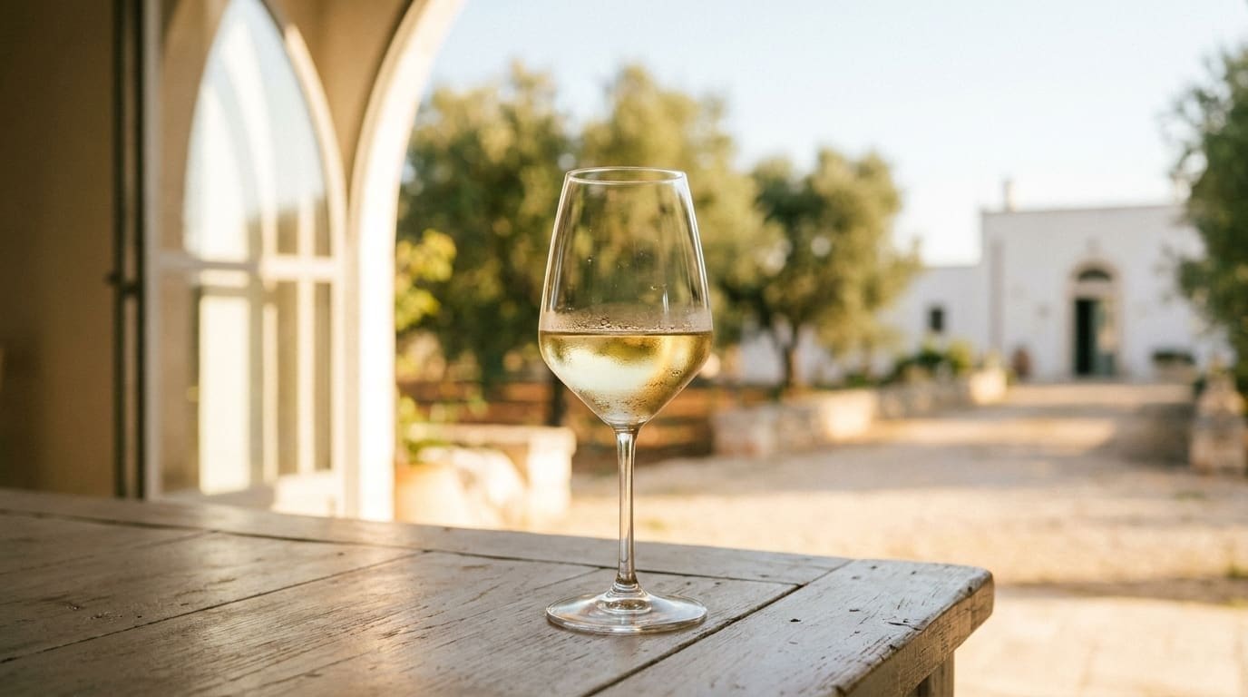 Glass of Malvasia Bianca poured tableside at a chef-led Apulia winery tasting