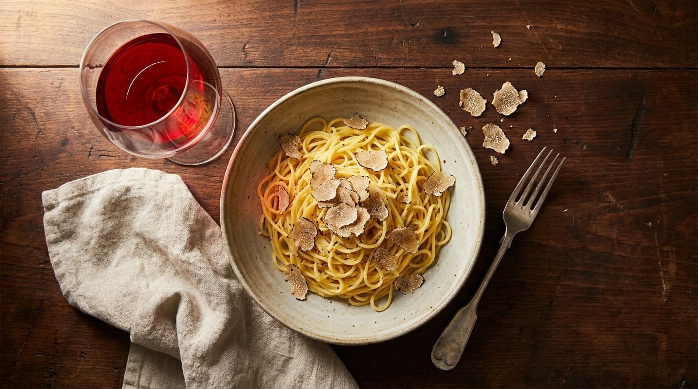 Tajarin with butter and white Alba truffle alongside a glass of Nebbiolo, the canonical Piedmont pairing.