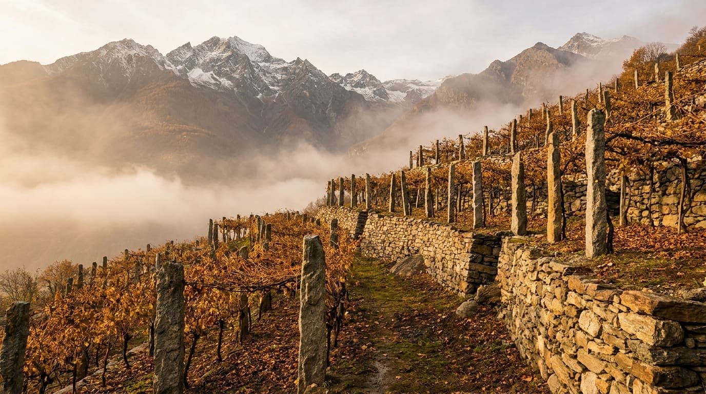 The hand-built terraced vineyards of Carema in Alto Piemonte, where Nebbiolo grows on the Aosta border.