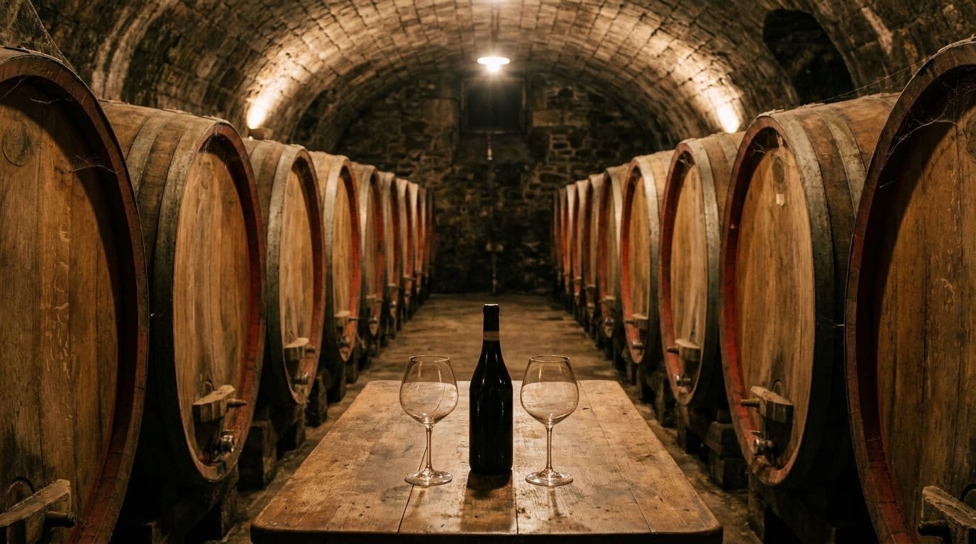 Traditional Piedmont cellar with large oak botti where Barolo and Barbaresco age.