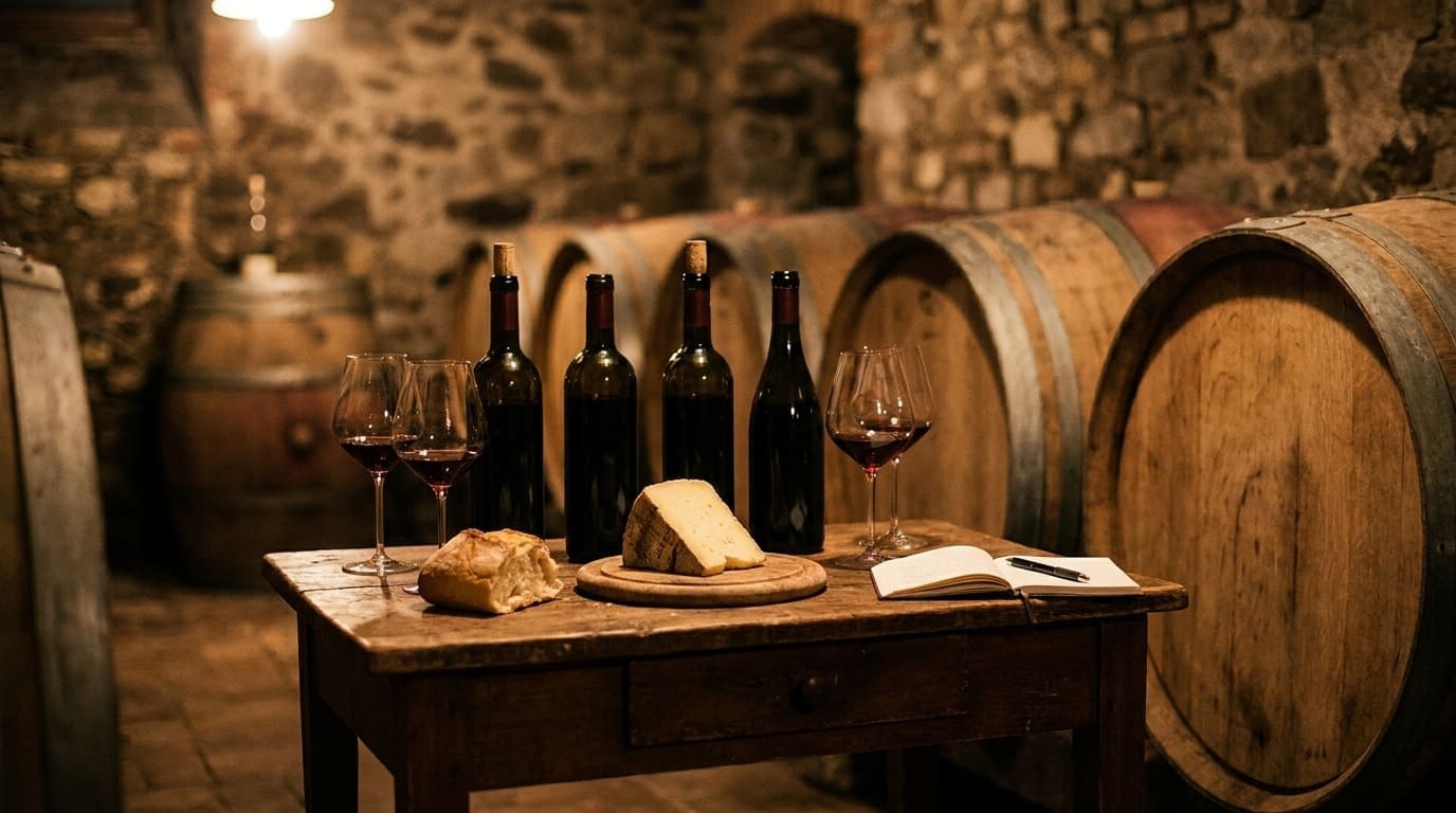 A small Piedmont cellar tasting: four bottles, glasses, aged Castelmagno, and time spent with the producer.