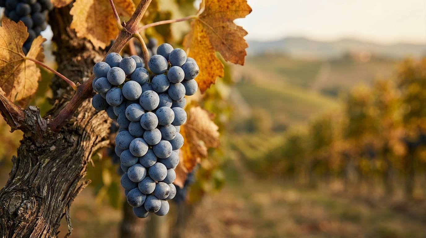 Ripe Nebbiolo cluster in a Langhe vineyard, the grape behind Barolo, Barbaresco, and Roero.