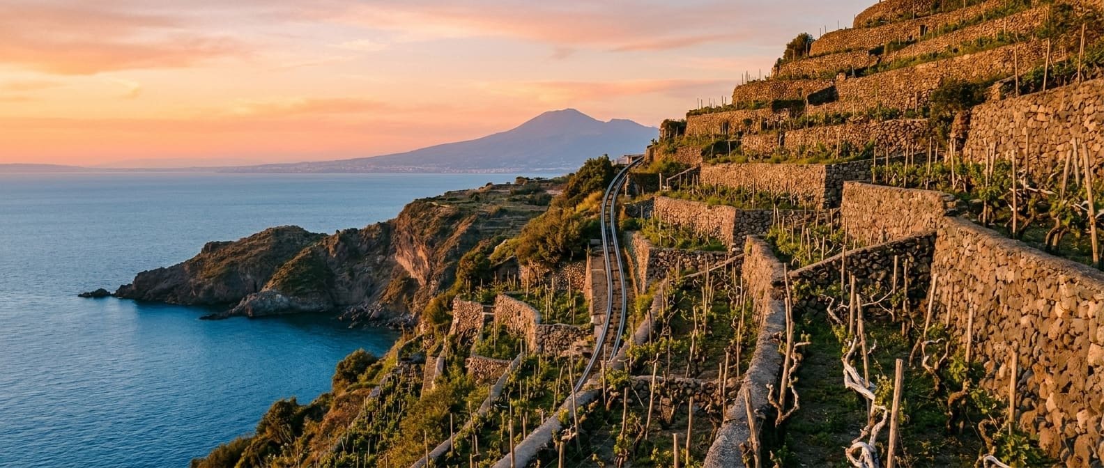 Steep terraced vineyards of Ischia island at sunset with Mount Vesuvius across the Bay of Naples