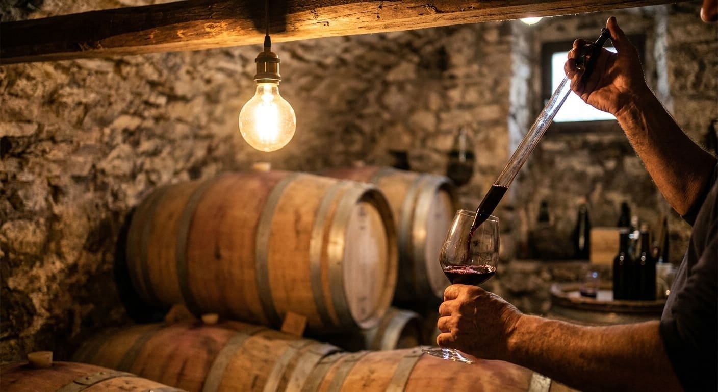 Winemaker pouring a barrel sample of Aglianico Taurasi from oak barrels in a rustic Irpinia stone cellar