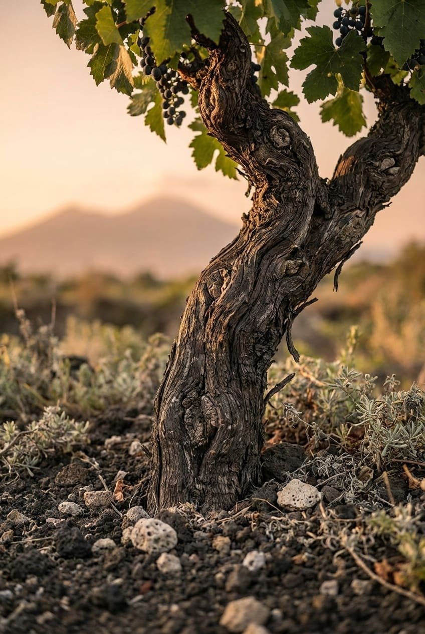 Ancient ungrafted Campania grapevine with Mount Vesuvius in the distance and volcanic soil at the base