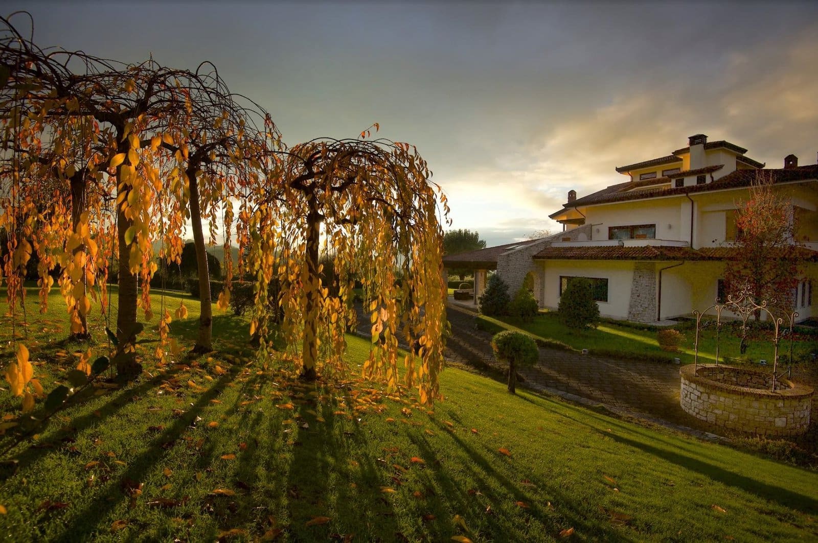 Golden-leaved weeping trees, green lawn, and a white resort building with terracotta roof at Radici Resort, Campania.