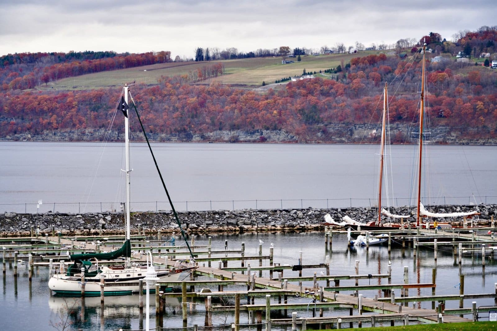 Harbour View Hotel marina with sailboats and vibrant autumn foliage on distant hills.