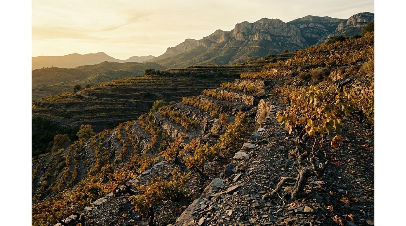 Steep terraced llicorella slate vineyards of Priorat in Catalonia under late afternoon light