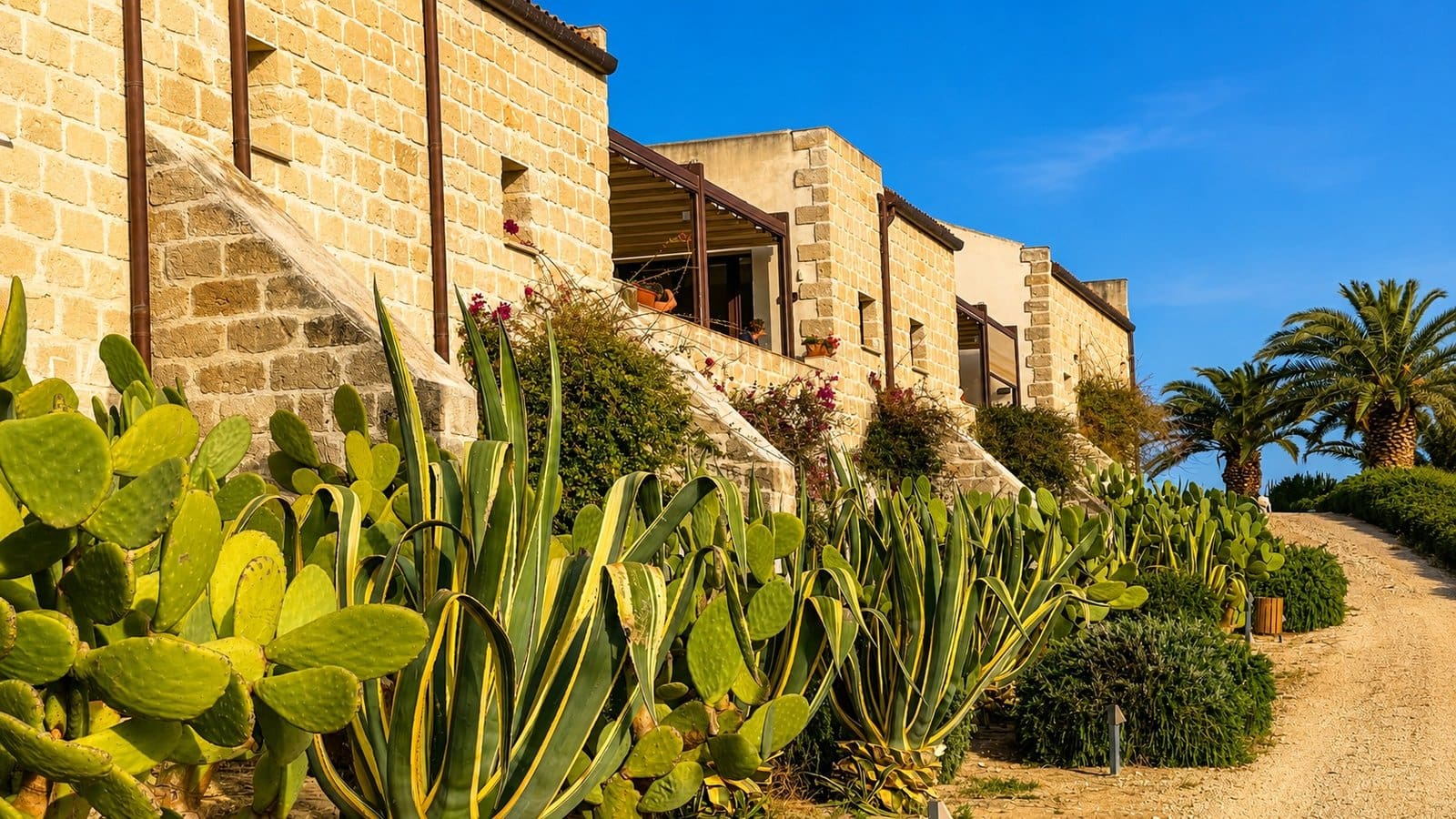 Stone buildings of Baglio Soria Wine Resort in Sicily, flanked by green prickly pear cacti, agave plants, and palm trees.