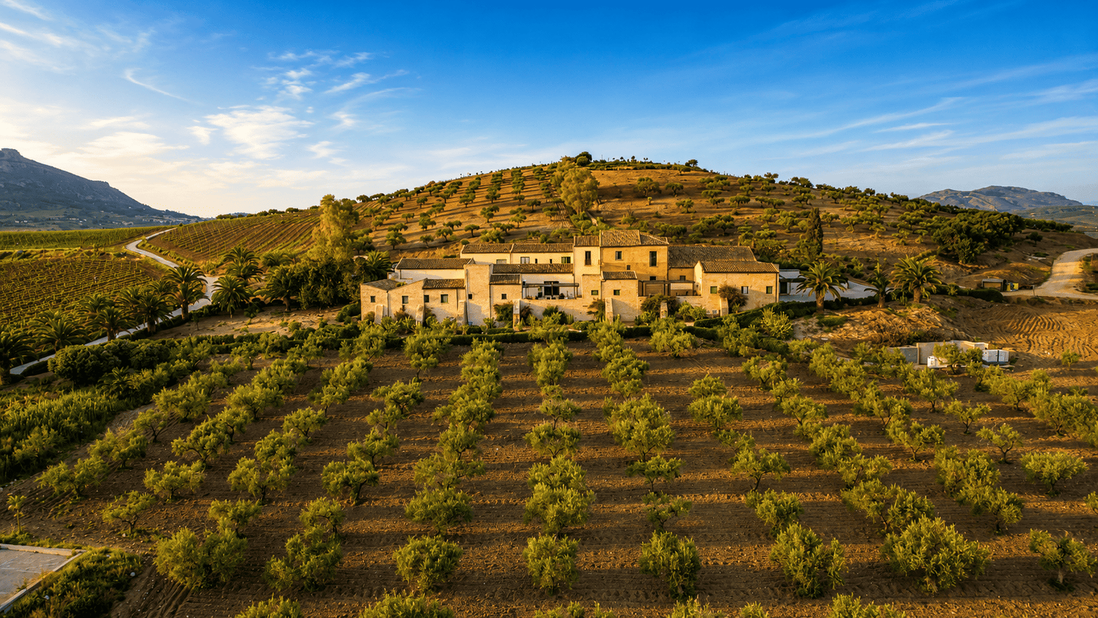 Baglio Soria Wine Resort in Sicily, surrounded by olive groves and vineyards under a warm, golden sky.
