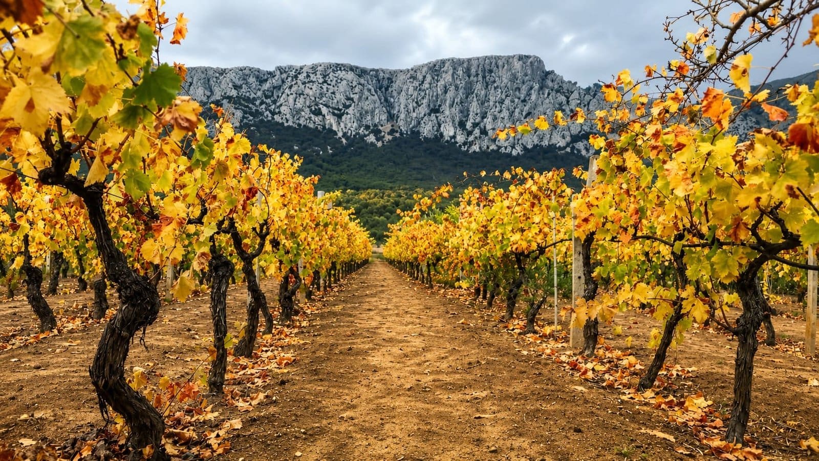 Autumnal Cannonau vineyards in Sardinia with rows of grapevines in yellow and orange leaves, leading to rocky mountains.
