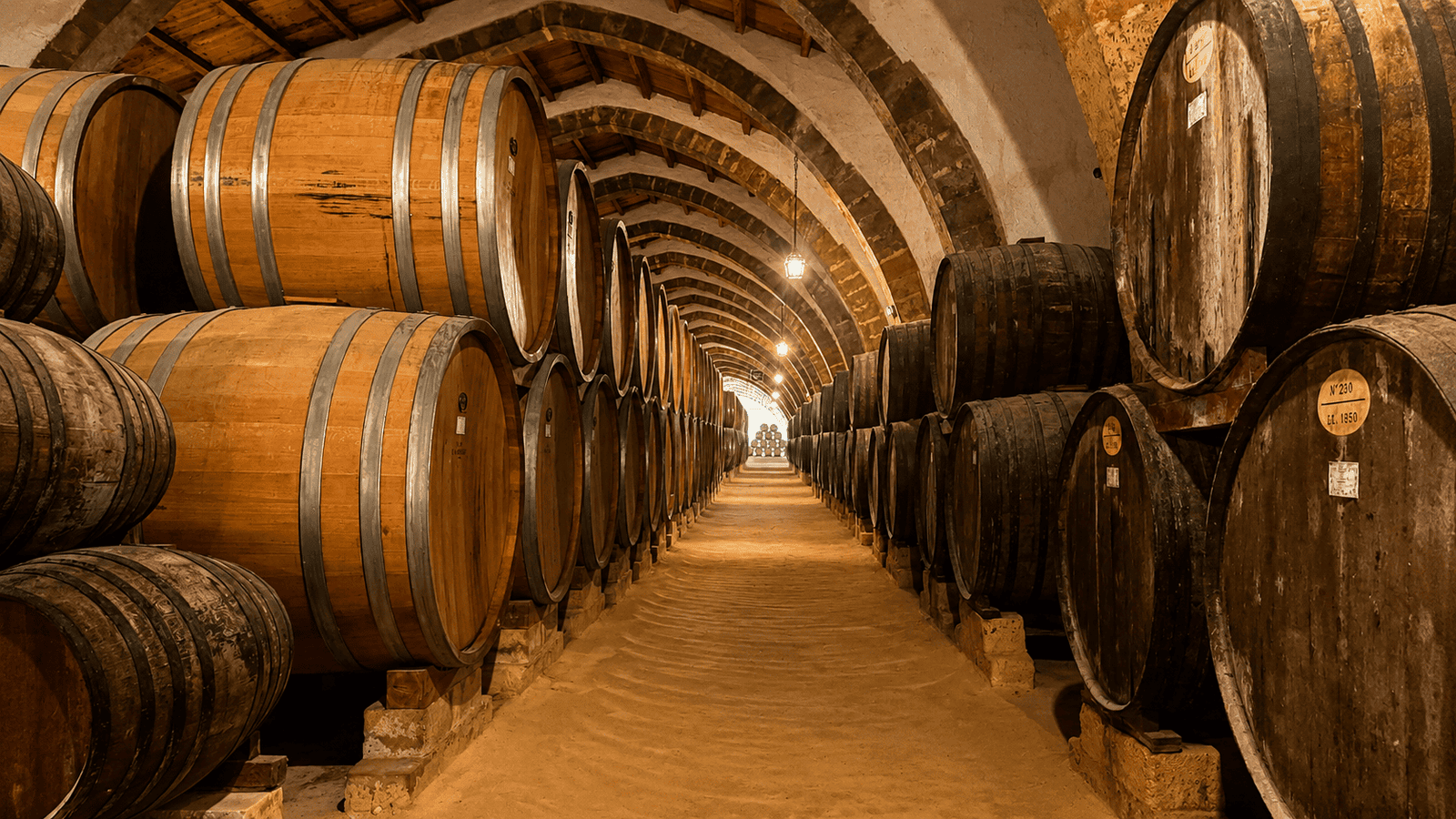 An historic Marsala wine cellar in Sicily, featuring rows of stacked wooden barrels under an arched stone ceiling.