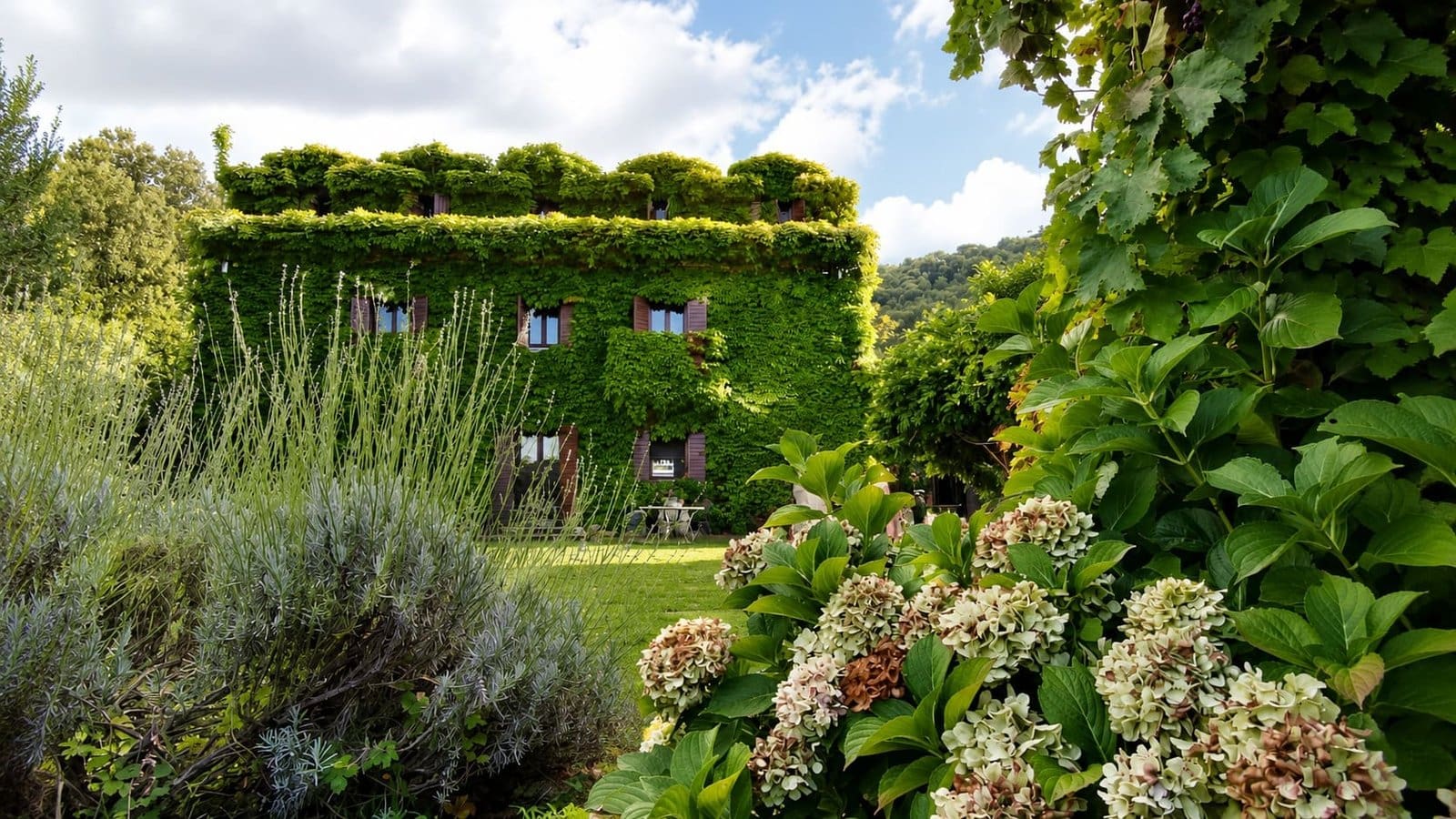 Ivy-covered building with brown shutters in a lush garden, Su Gologone Experience Hotel gardens, Sardinia.